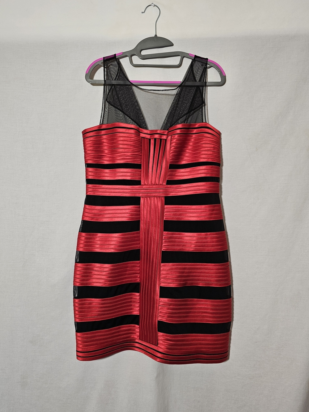BCBG MAX AZRIA Bright Red Satin Mesh Panel Bandage Dress